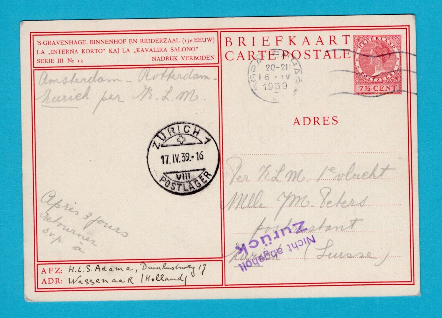 NEDERLAND briefkaart 1939 Den Haag 1e vlucht Zürich