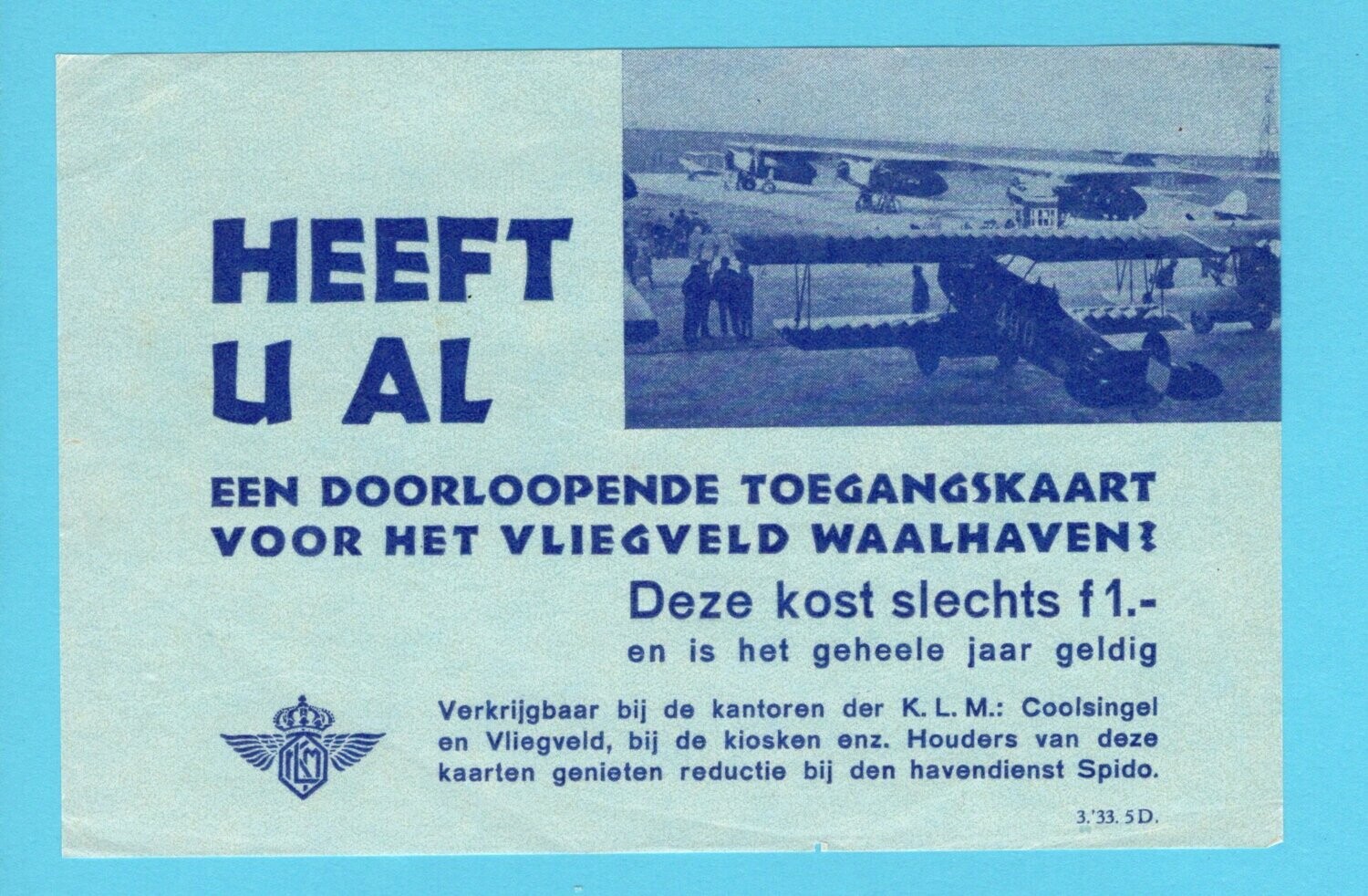 NEDERLAND reclame toegangskaart 1933 Vliegveld Waalhaven