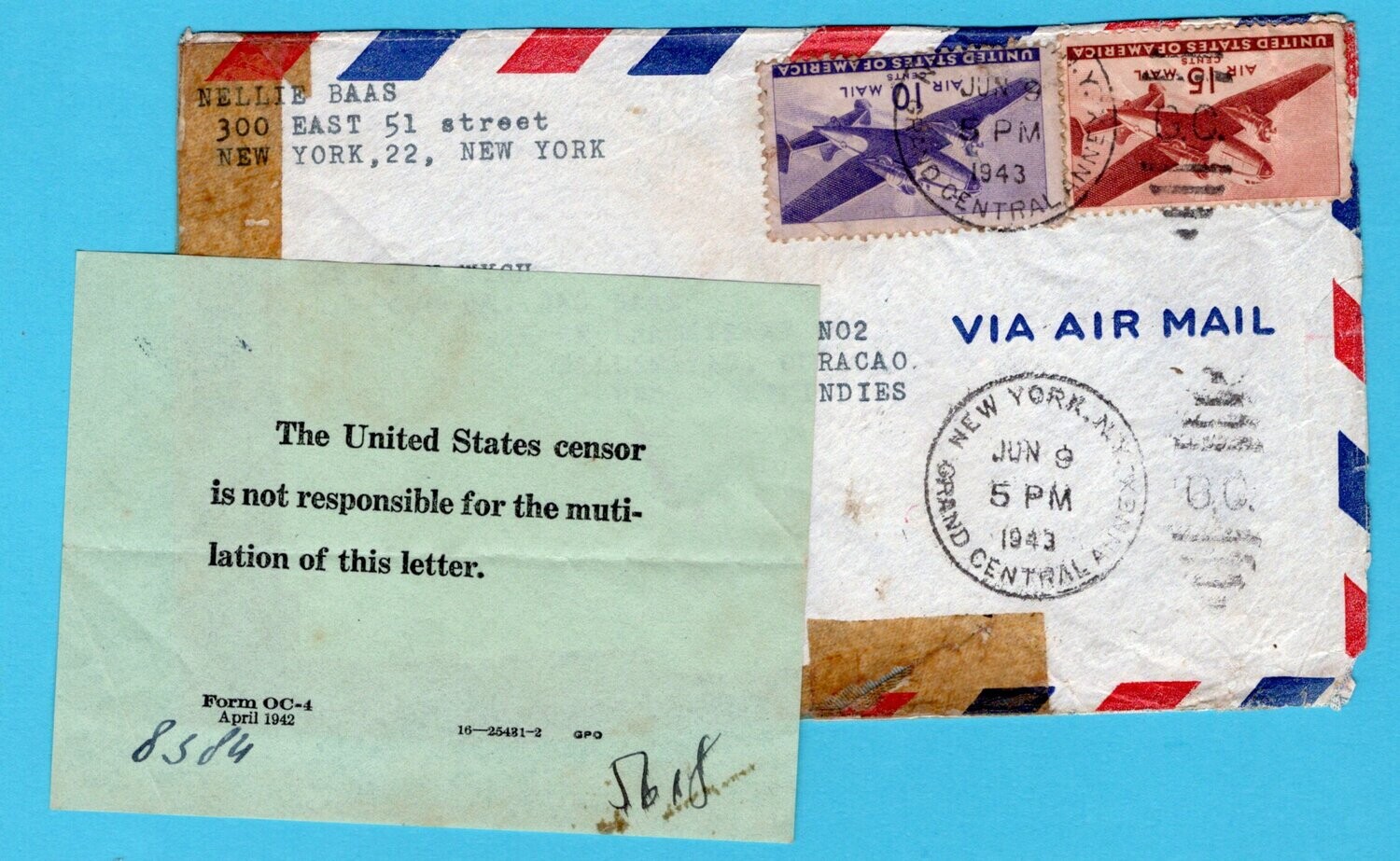 USA censuur brief 1943 met label 