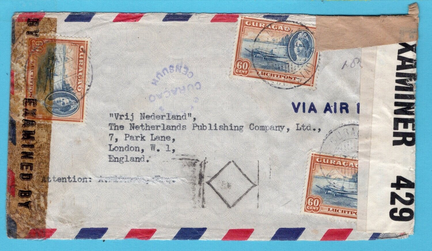 CURAÇAO gecensureerde lp brief 1943 Willemstad naar London