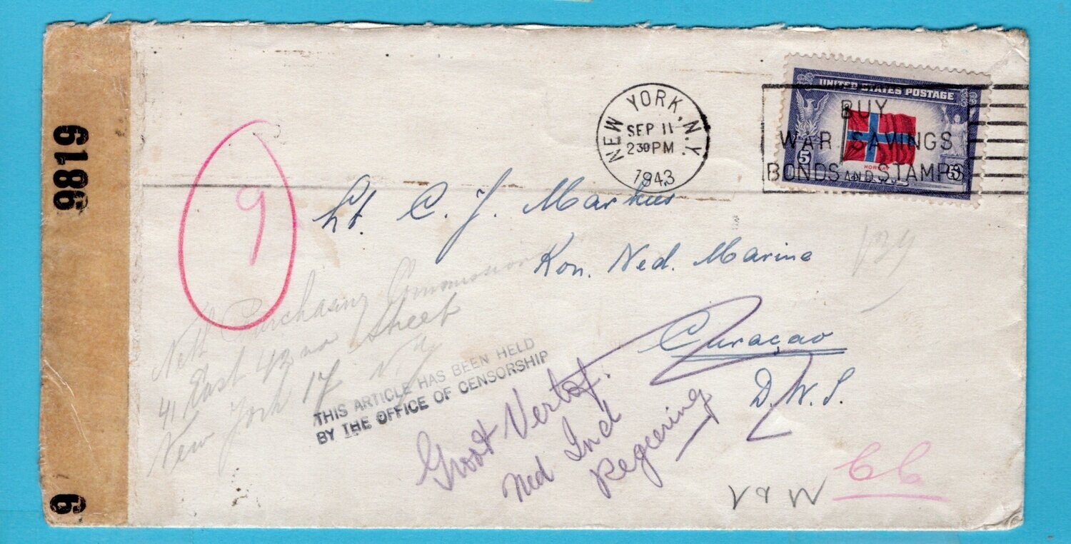 USA censuur brief 1943 naar Curaçao na de oorlog uitgereikt