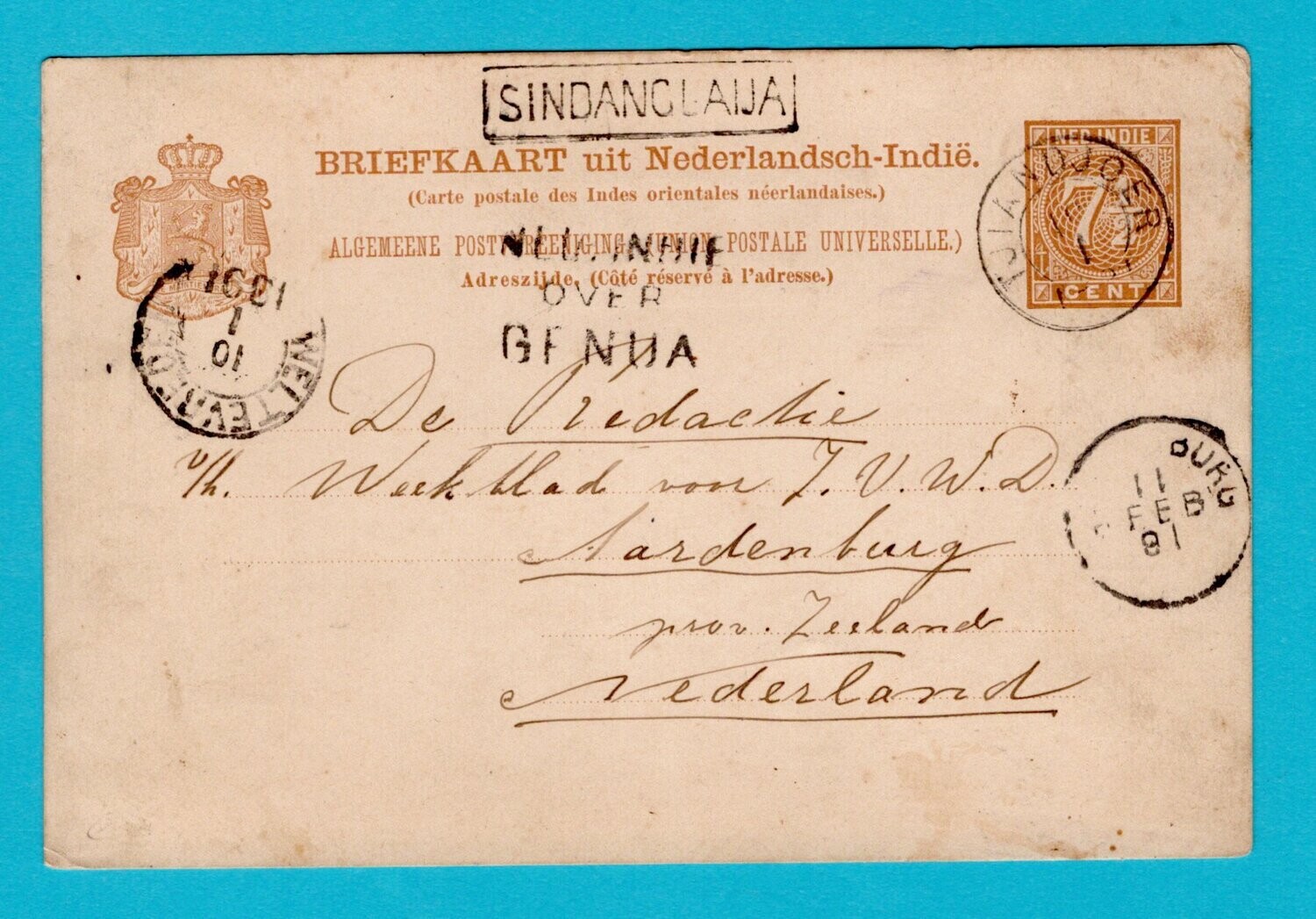 NETHERLANDS EAST INDIES postal card 1891 Sindanglaija