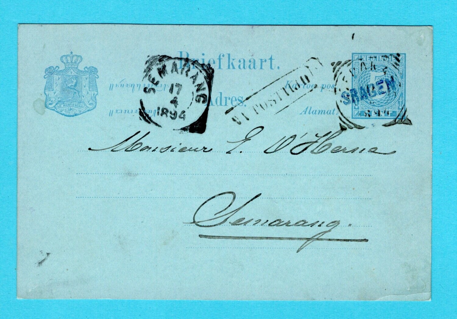 NETHERLANDS EAST INDIES postal card 1894 Sragen line cancel