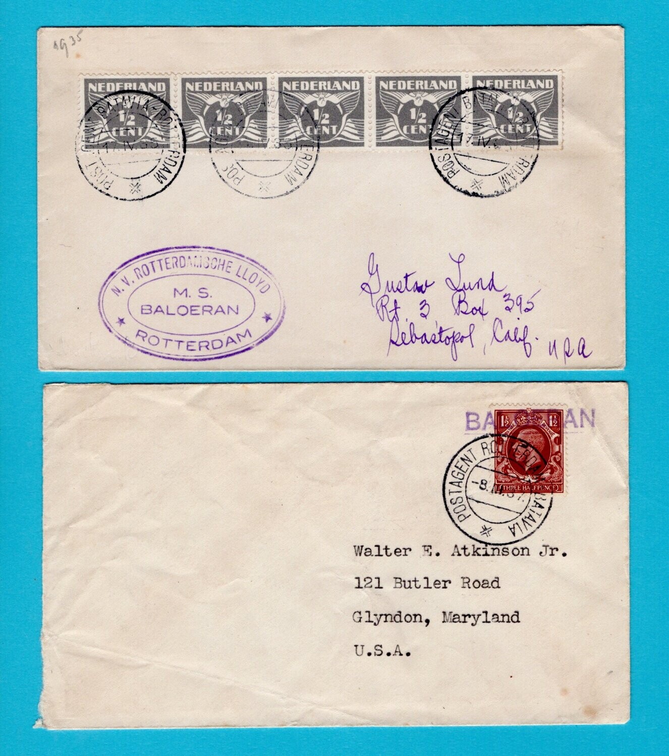 NEDERLAND 2 scheepsbrieven 1935-37 M.S. Baloeran naar USA
