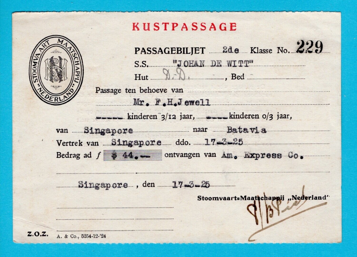 NEDERLAND passagebiljet 1925 S.S. Johan de Witt