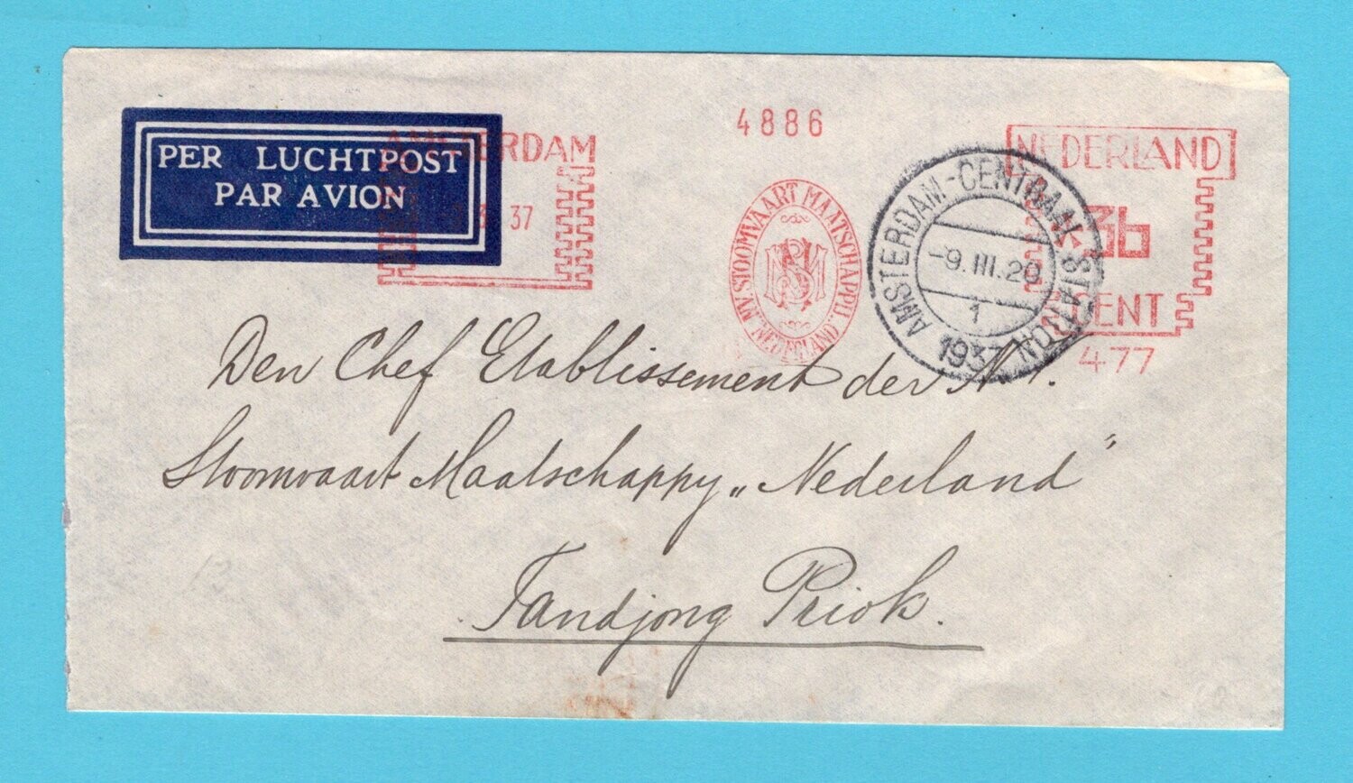 NEDERLAND lp brief 1937 Amsterdam roodfrankering SMN