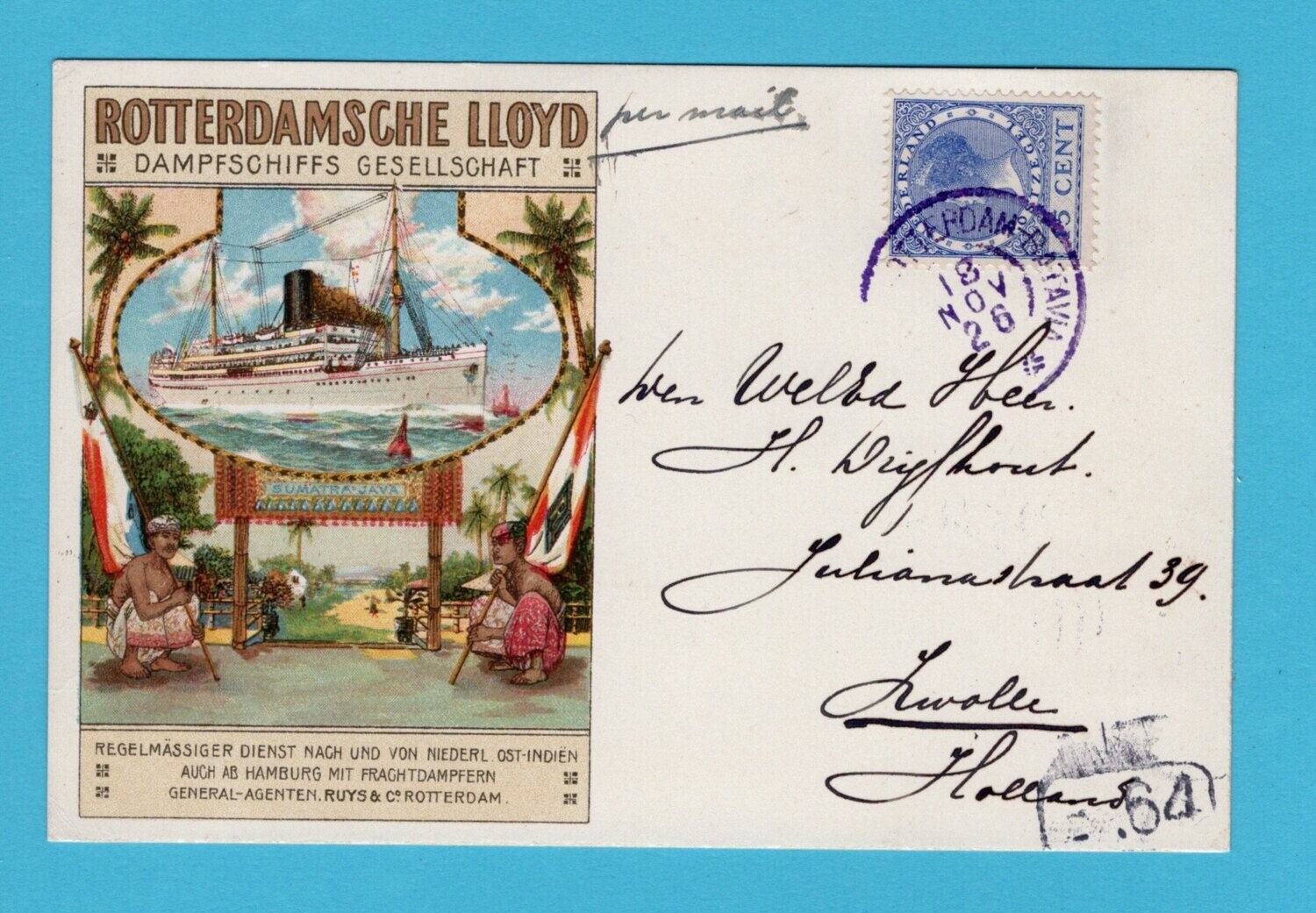NEDERLAND briefkaart 1926 S.S. Tabanan met tekst in Duits