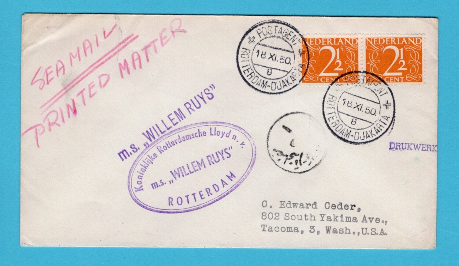 NEDERLAND drukwerk 1950 Postagent Rotterdam-Djakarta M.S. Ruys