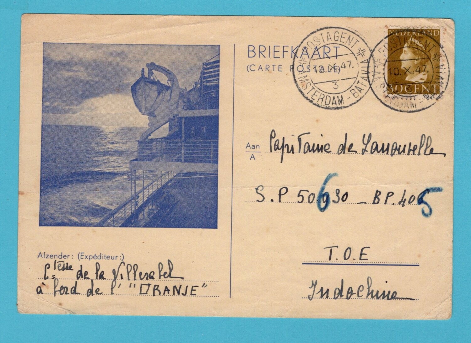 NEDERLAND kaart 1947 Postagent Amsterdam Batavia - M.S. Oranje