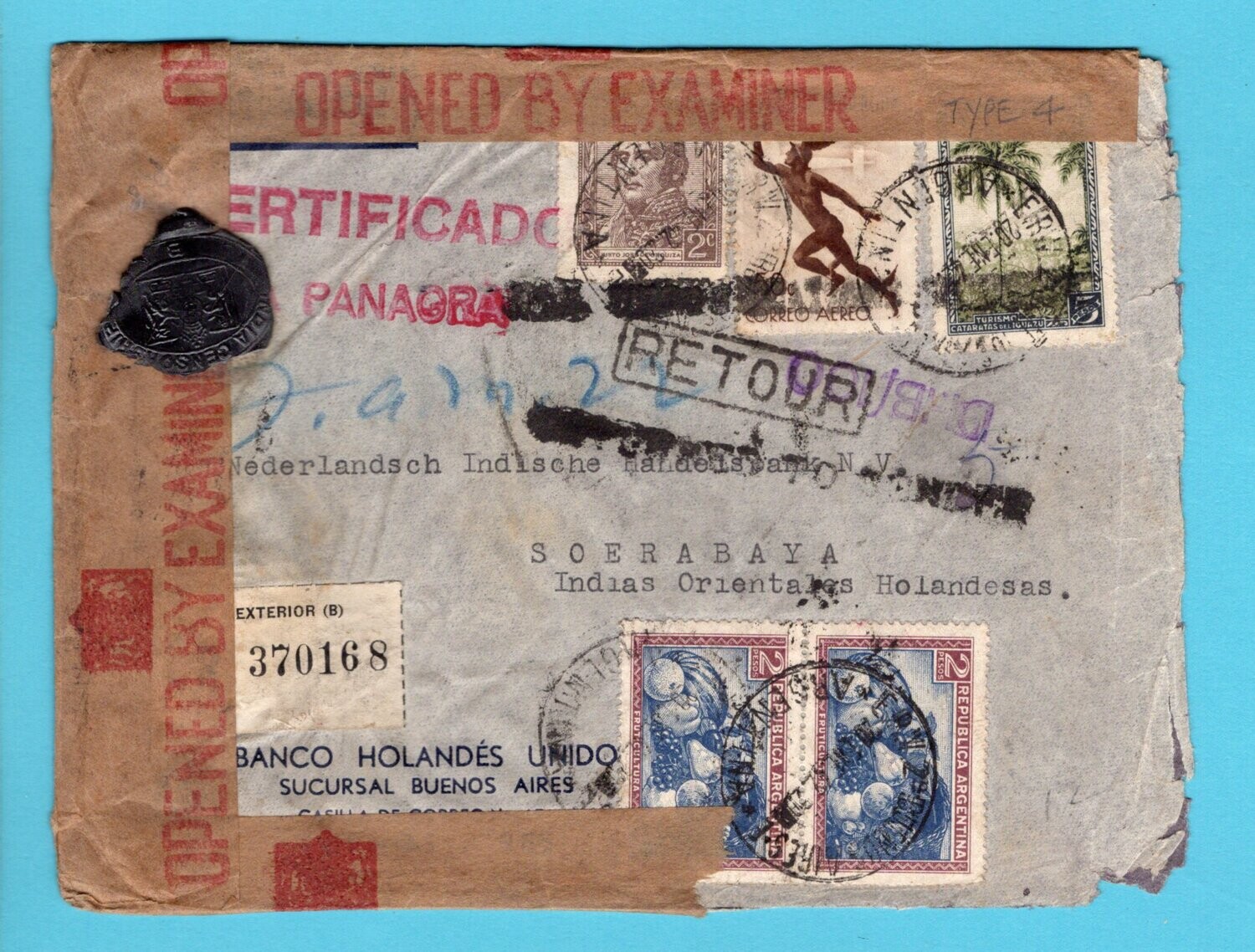ARGENTINA R censor cover 1942 BA to Dutch East Indies returned