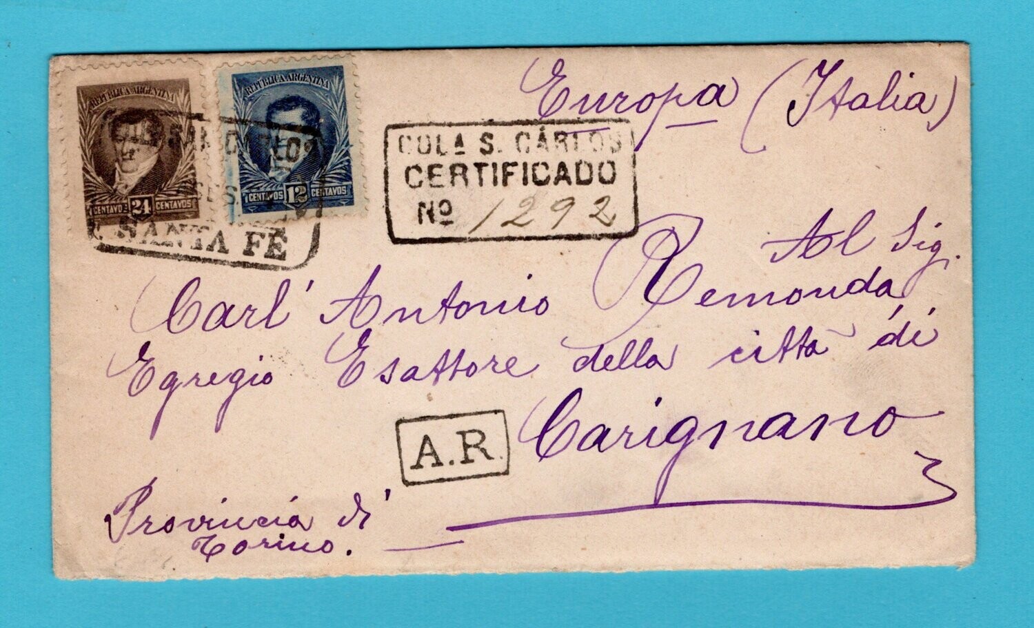 ARGENTINA AR cover 1894 Colonia Sn Carlos to Itlay