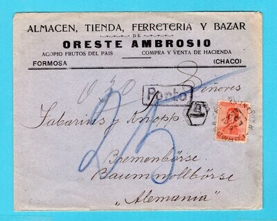 ARGENTINA cover 1919 Formosa with postage due to Germany