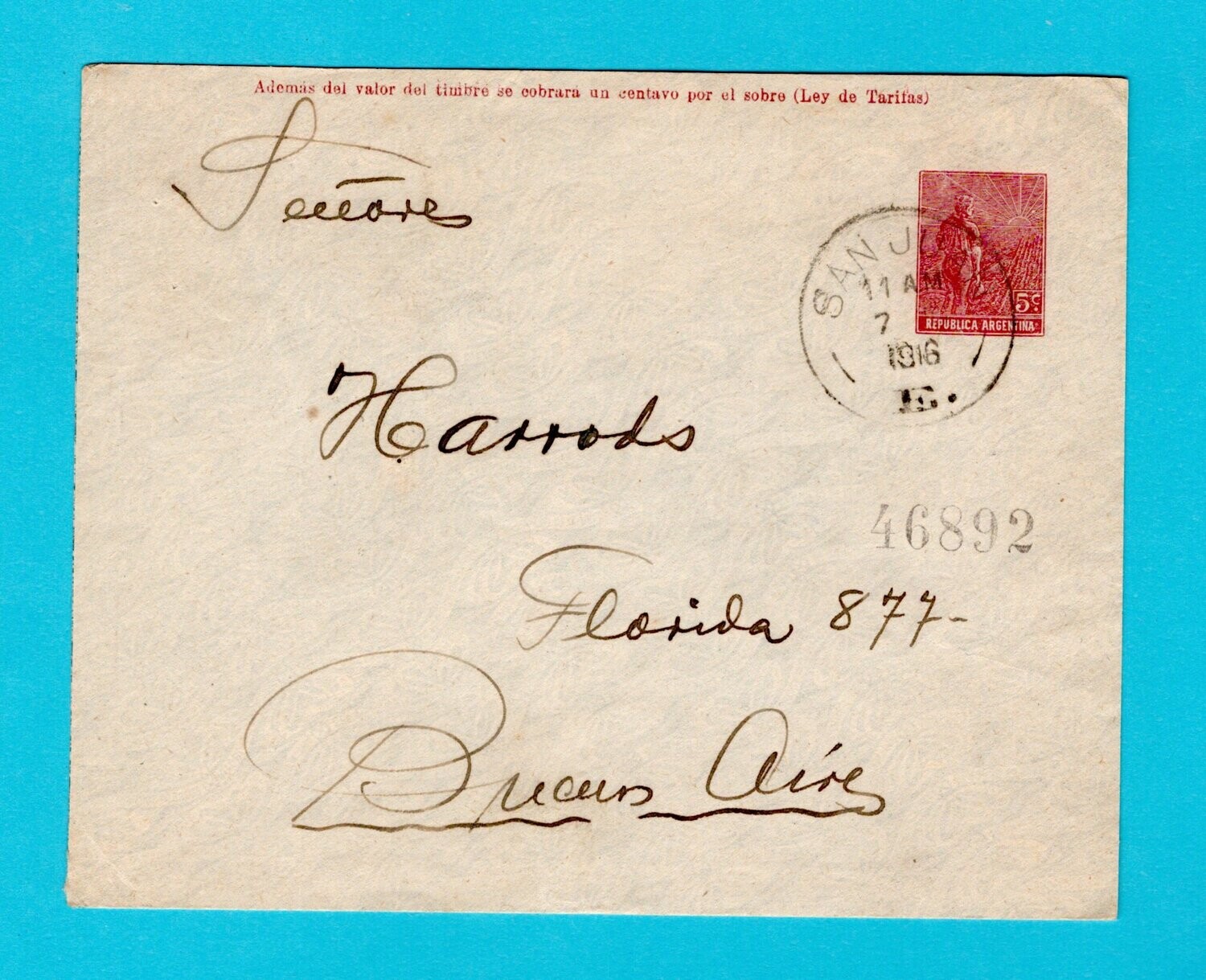 ARGENTINA envelope 1916 San Juan to BA