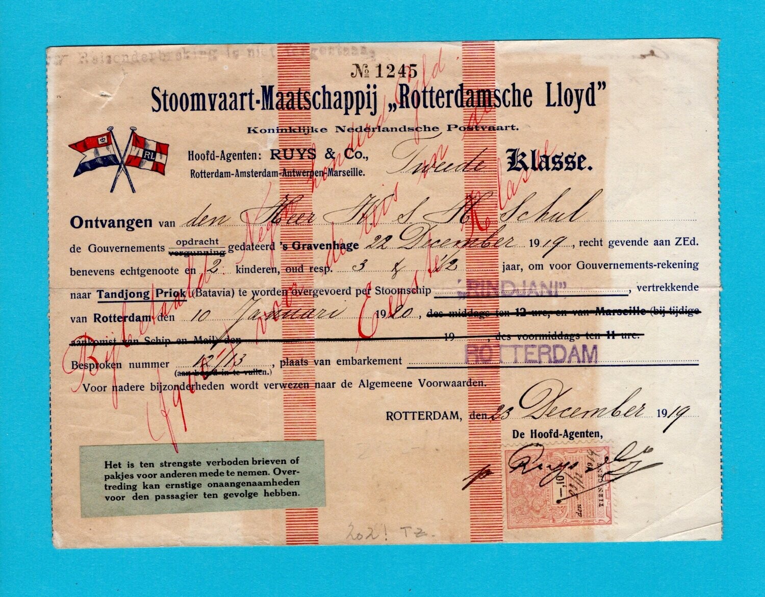 NEDERLAND betaalbewijs overtocht 1919 S.S. Rindjani naar Indië