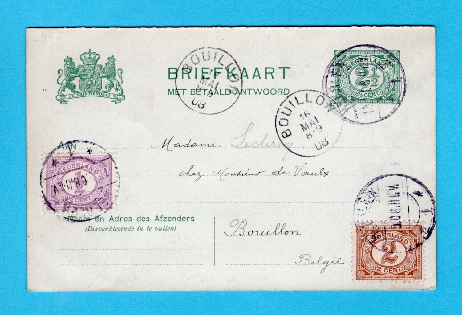 NEDERLAND briefkaart met antwoord 1908 Heerlen - België en retour