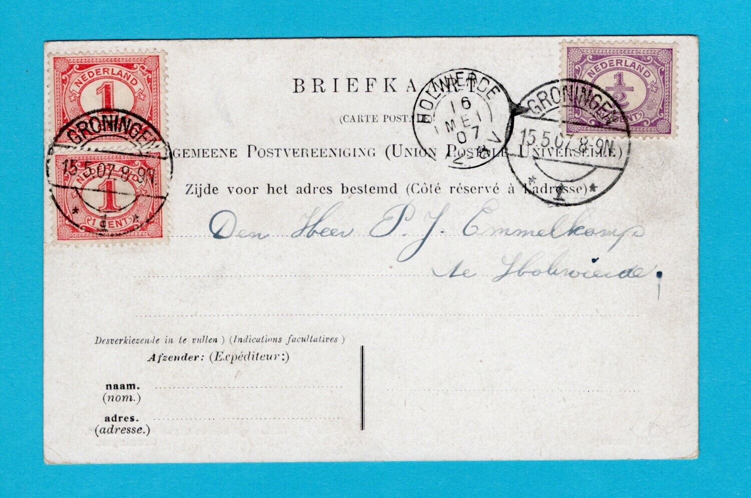 NEDERLAND prentbriefkaart stoomtram 1907 Groningen -Holwierde