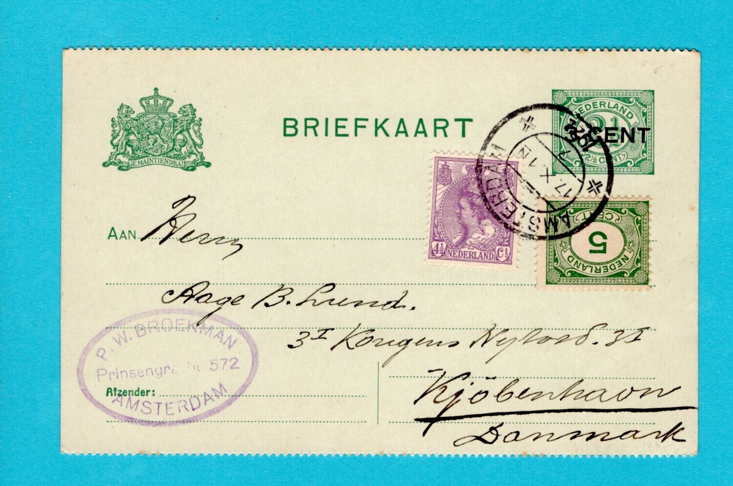 NEDERLAND getande briefkaart 1922 Amsterdam naar Denemarken