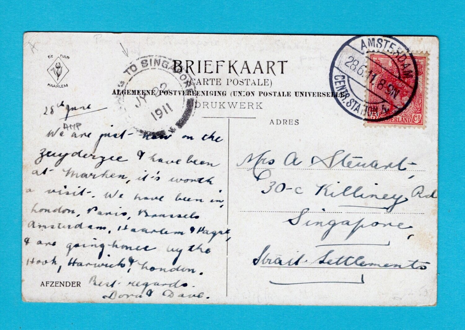 NEDERLAND prentbriefkaart Marken 1911 Amsterdam - Singapore