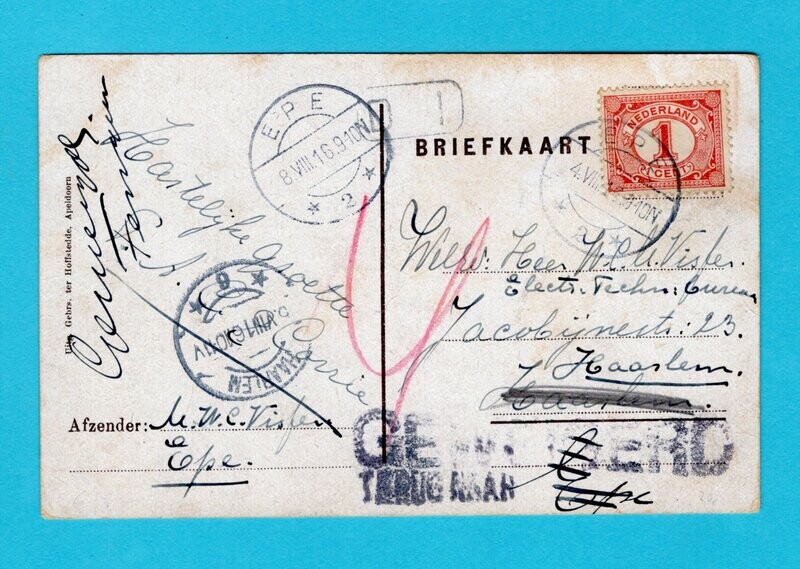 NEDERLAND prentbriefkaart 1916 Epe naar Haarlem - geweigerd