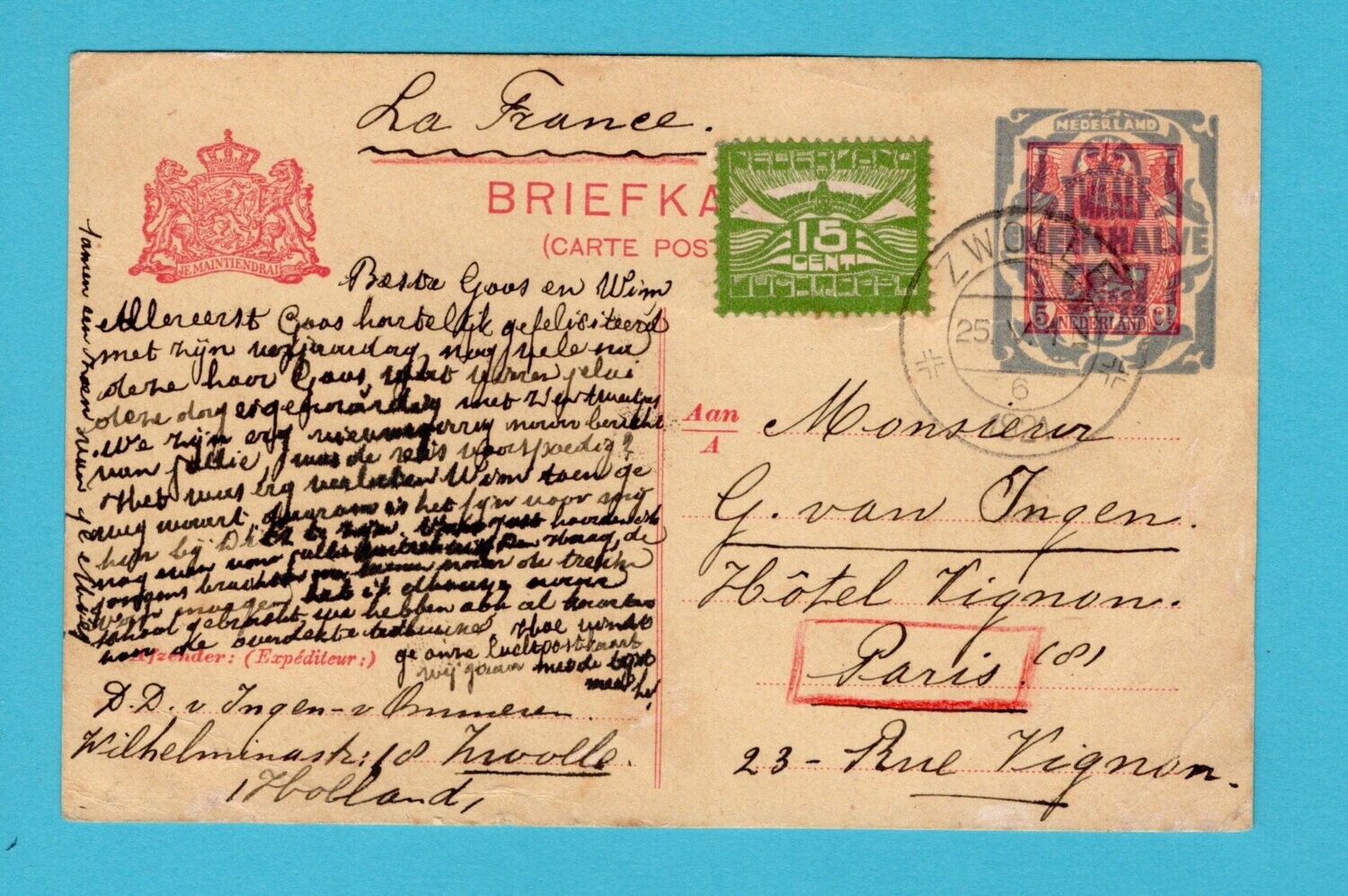 NEDERLAND briefkaart Zwolle 1921 per luchtpost naar Parijs