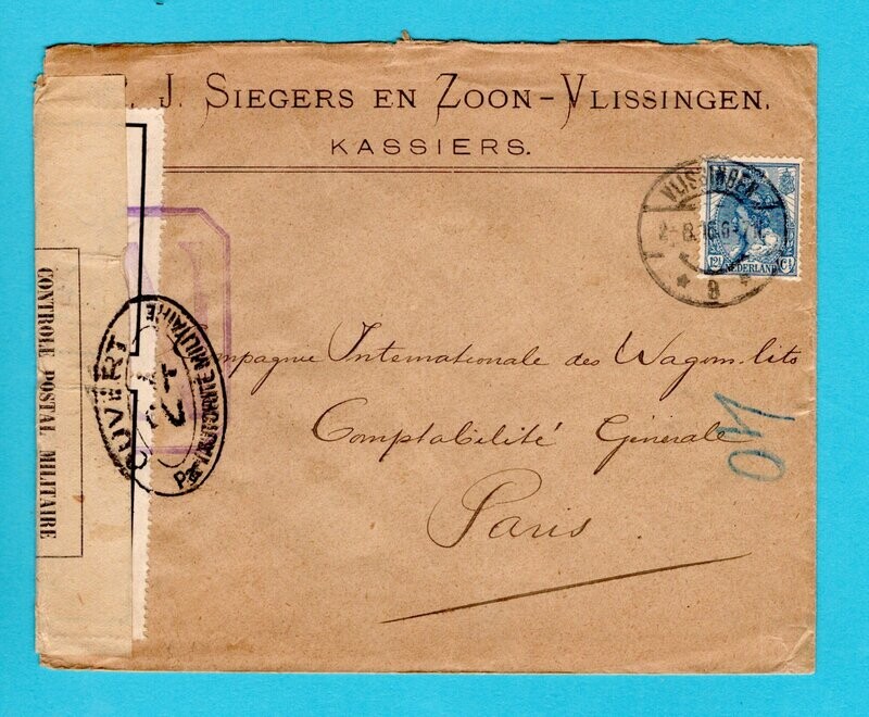NEDERLAND censuur brief 1916 Vlissingen naar Wagon Lits Parijs