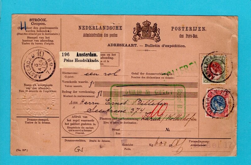 NEDERLAND pakketkaart 1910 Amsterdam 10 naar Zwitserland
