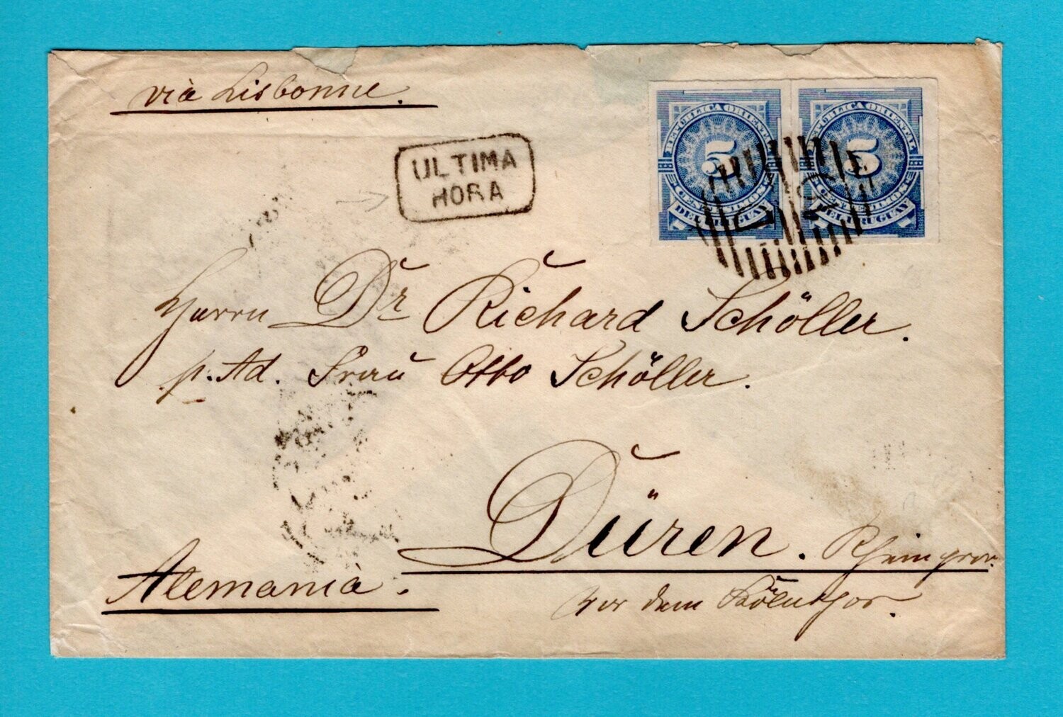 URUGUAY cover 1888 Montevideo over Lisbon to Germany