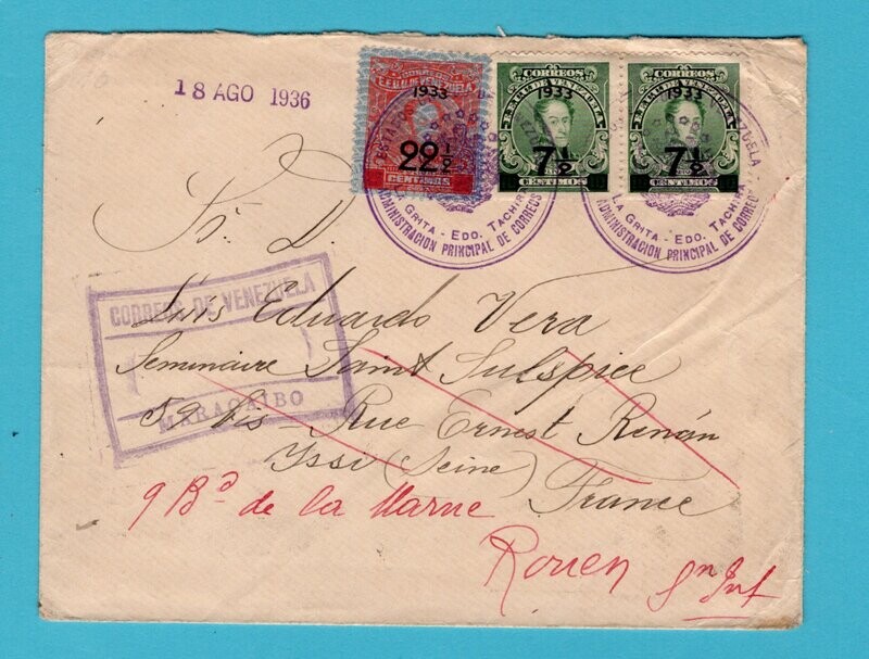 VENEZUELA R cover 1936 Maracaibo to France