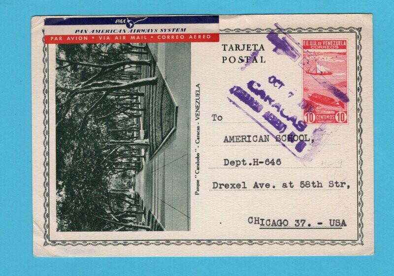 VENEZUELA illustrated postal card 1949 Caracas to USA