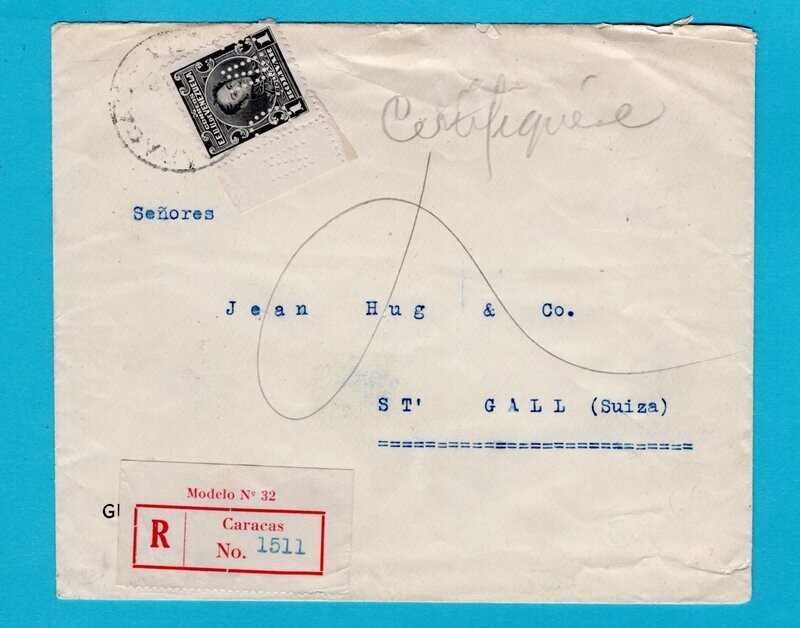 VENEZUELA R cover 1927 Caracas with perfin to Switzerland