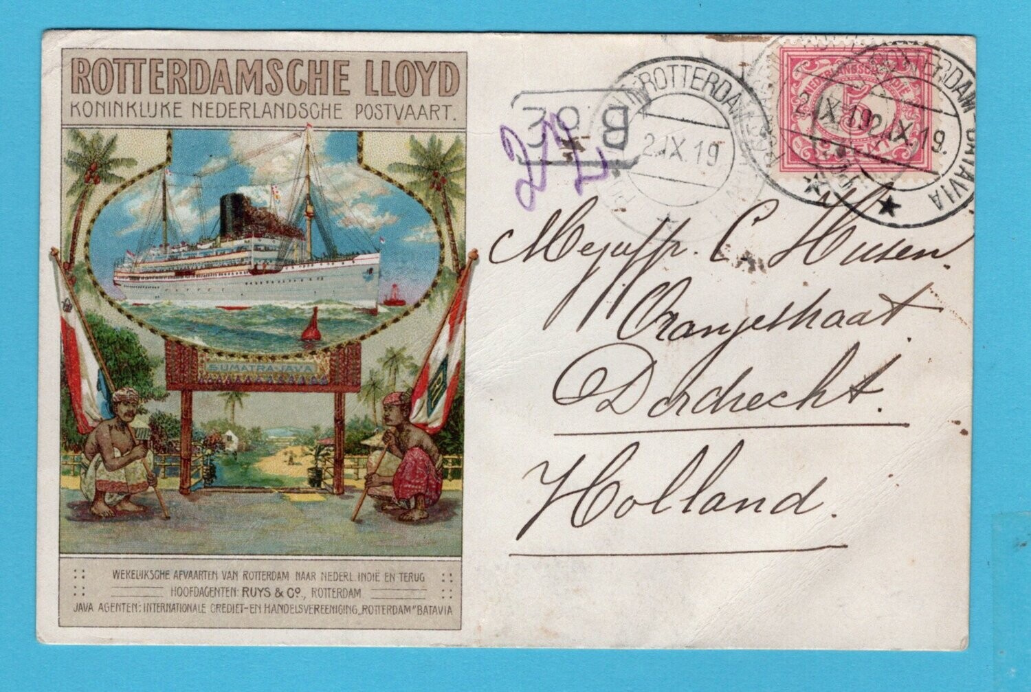 NETHERLANDS EAST INDIES Rotterdam Lloyd card 1919 shipcancel