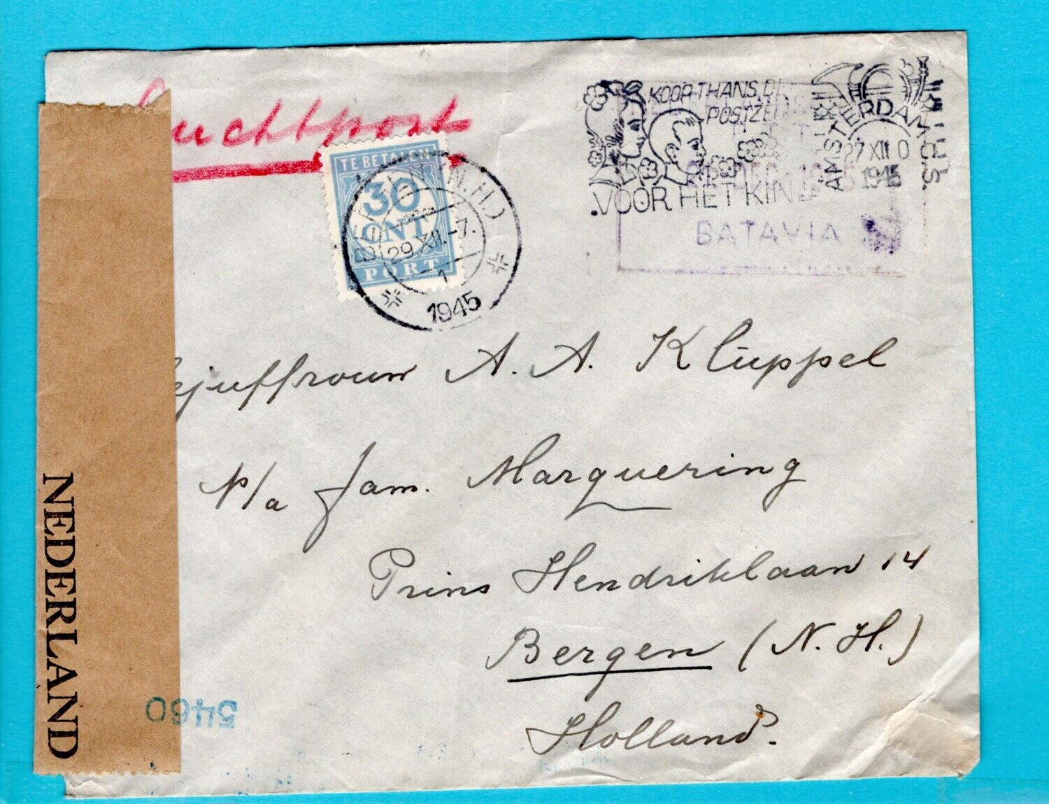 NETHERLANDS EAST INDIES cover 1945 Batavia to Bergen NH with due