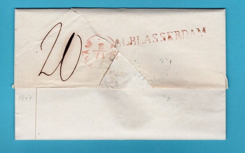 NEDERLAND brief 1847 Kinderdijk via Alblasserdam en Dordrecht