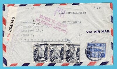PERU R service suspended cover 1945 Lima to Czechoslovakia