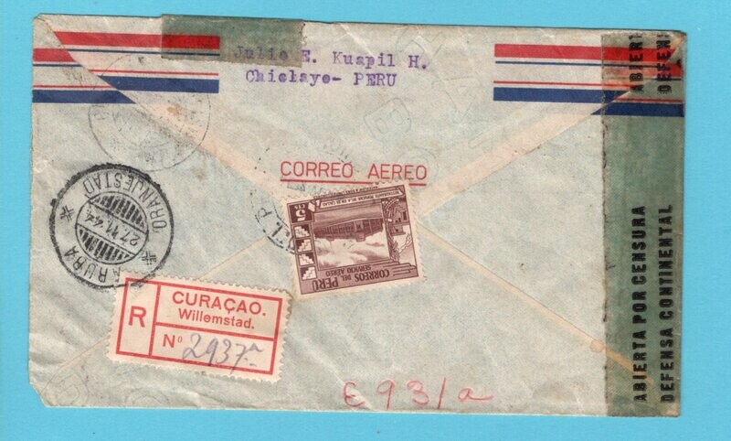PERU R censor cover 1944 Chiclaya to Aruba