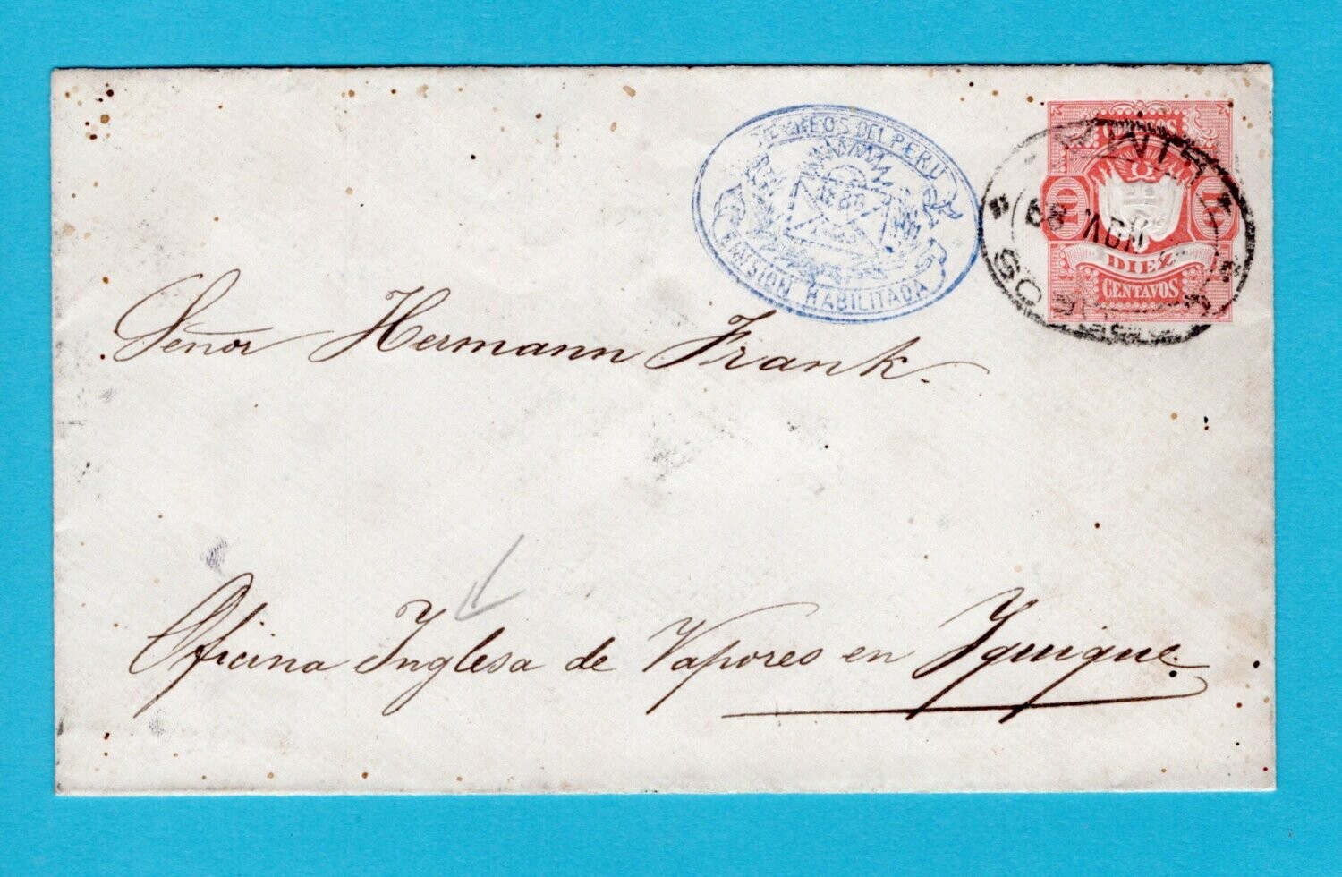 PERU postal envelope 1889 Lima to Iquique
