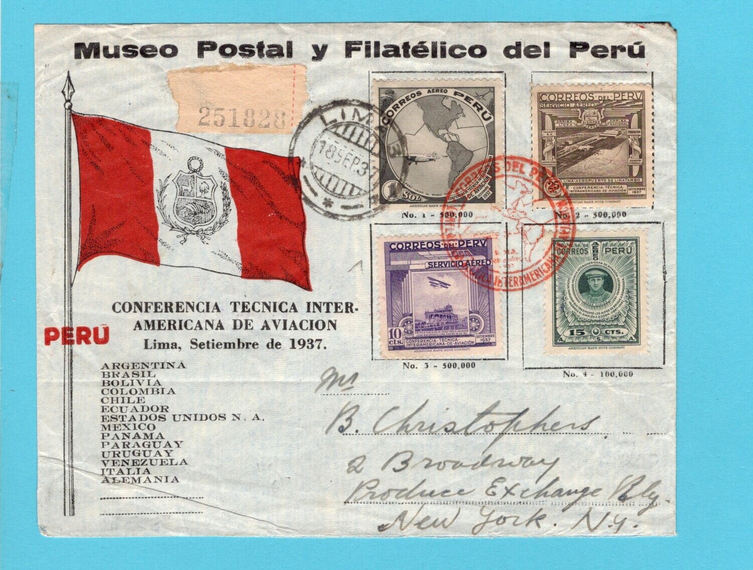 PERU R cover 1937 Lima aviation conference to USA