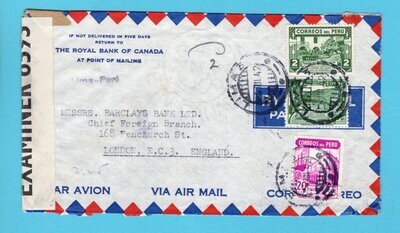 PERU censored air cover 1942 Lima to England
