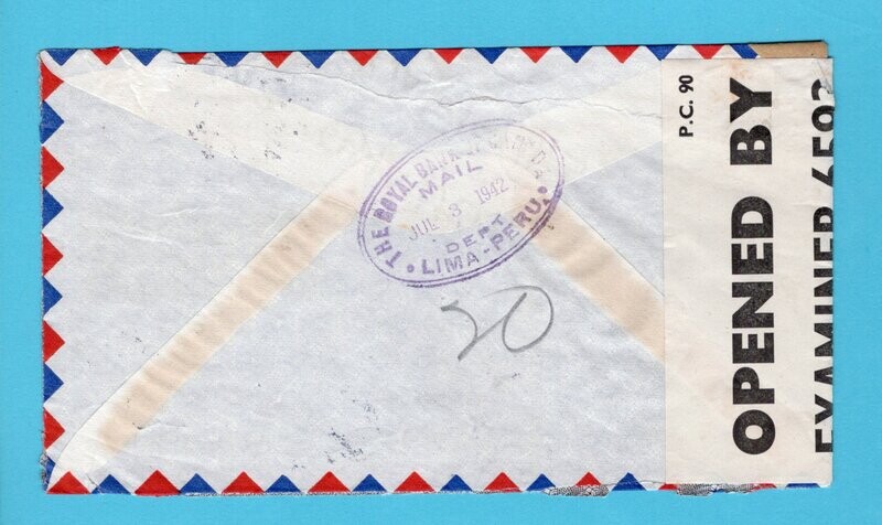 PERU censored air cover 1942 Lima to England