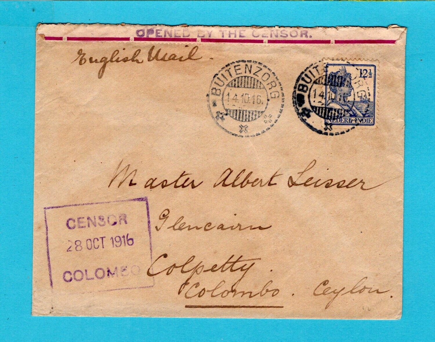 NETHERLANDS EAST INDIES censor cover 1916 Buitenzorg to Ceylon