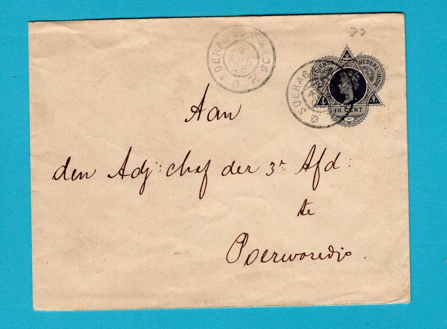 NETHERLANDS EAST INDIES postal envelope 1908 Soerabaja-Maos 2
