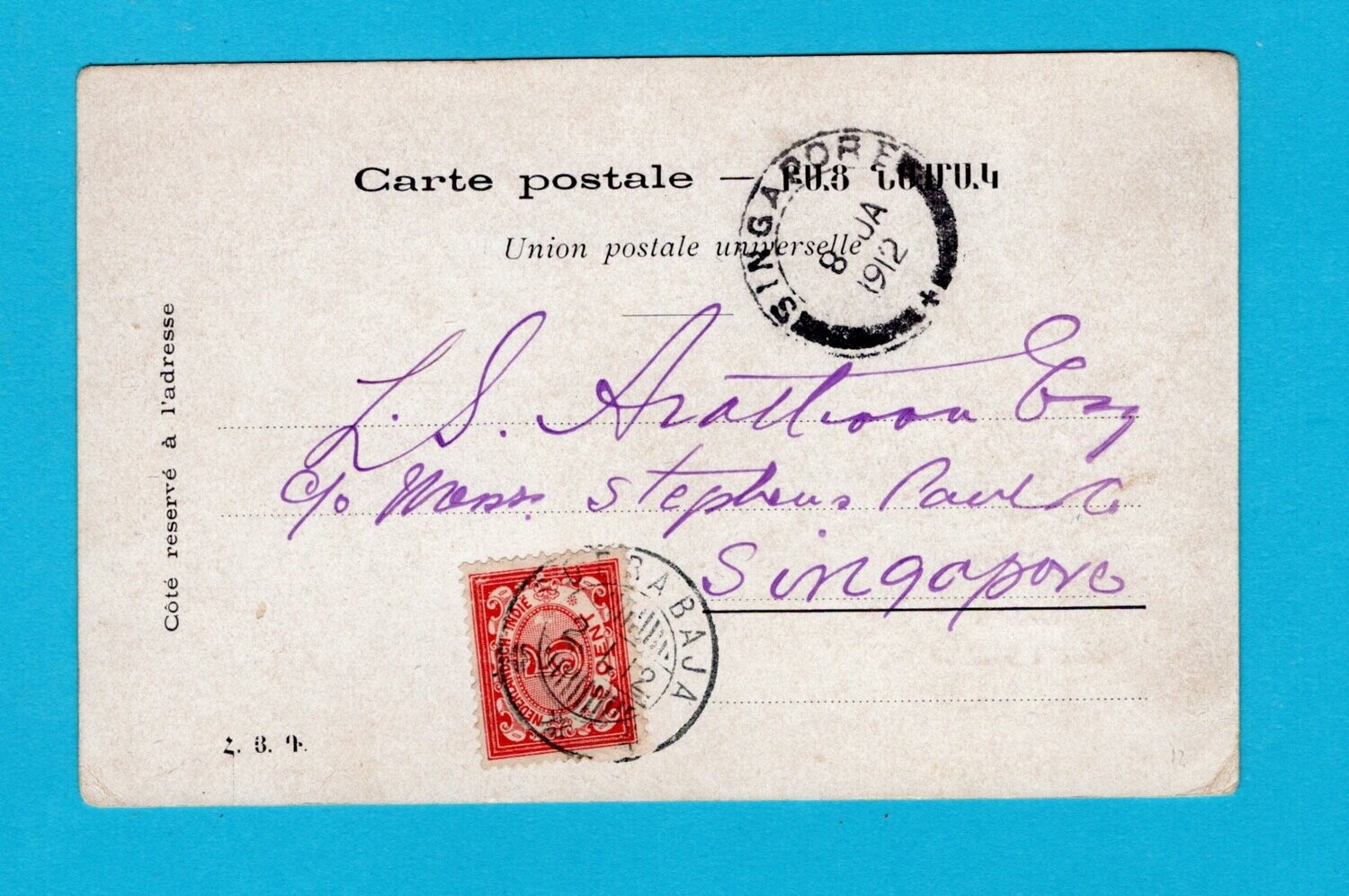 NETHERLANDS EAST INDIES PPC 1912 Soerabaja to Singapore