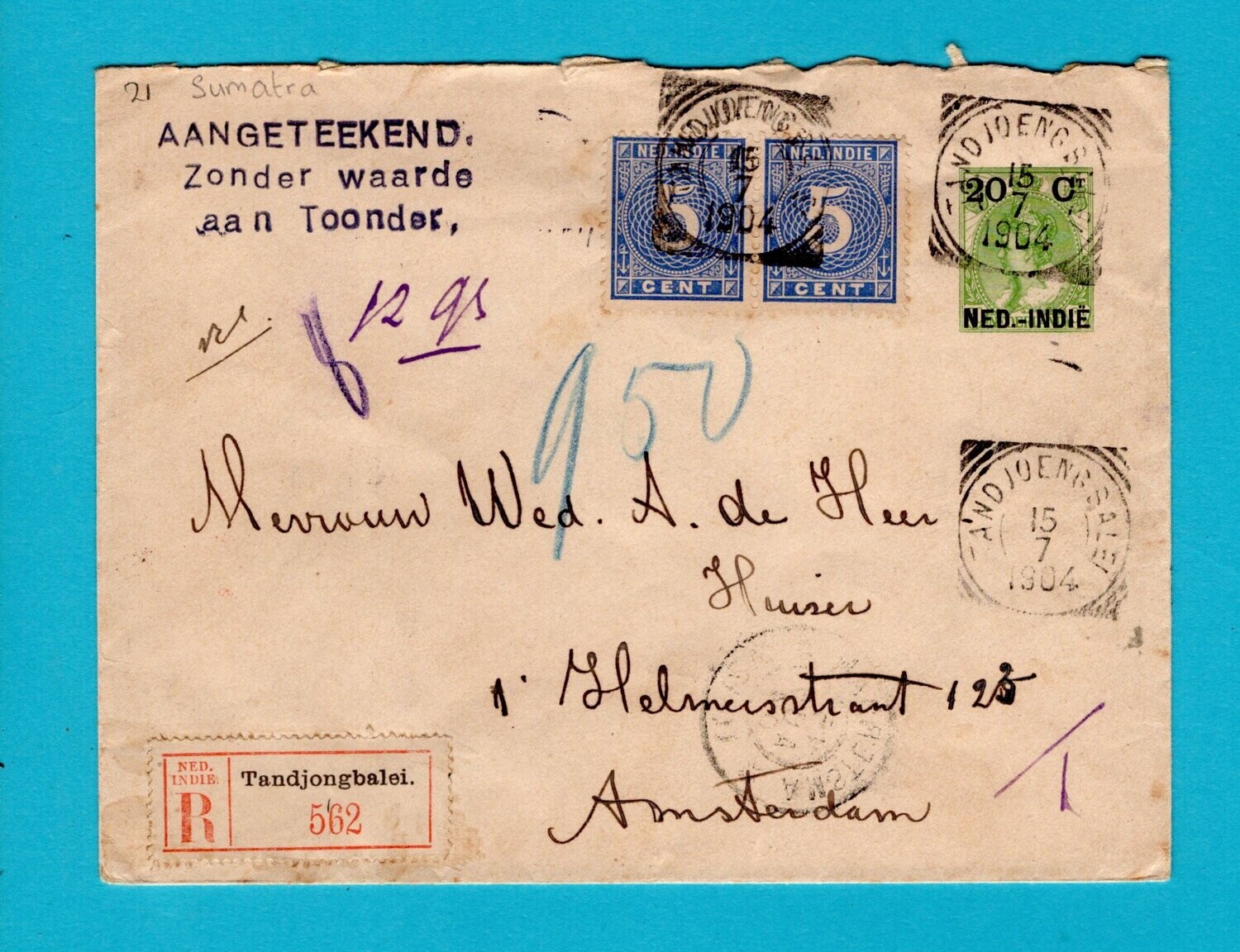 NETHERLANDS EAST INDIES R envelope 1904 Tandjongbalei