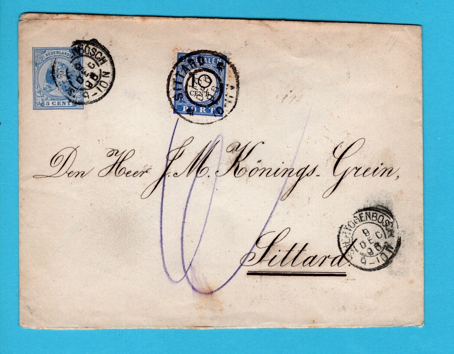 NEDERLAND envelop 1896 's Hertogenbosch beport te Sittard
