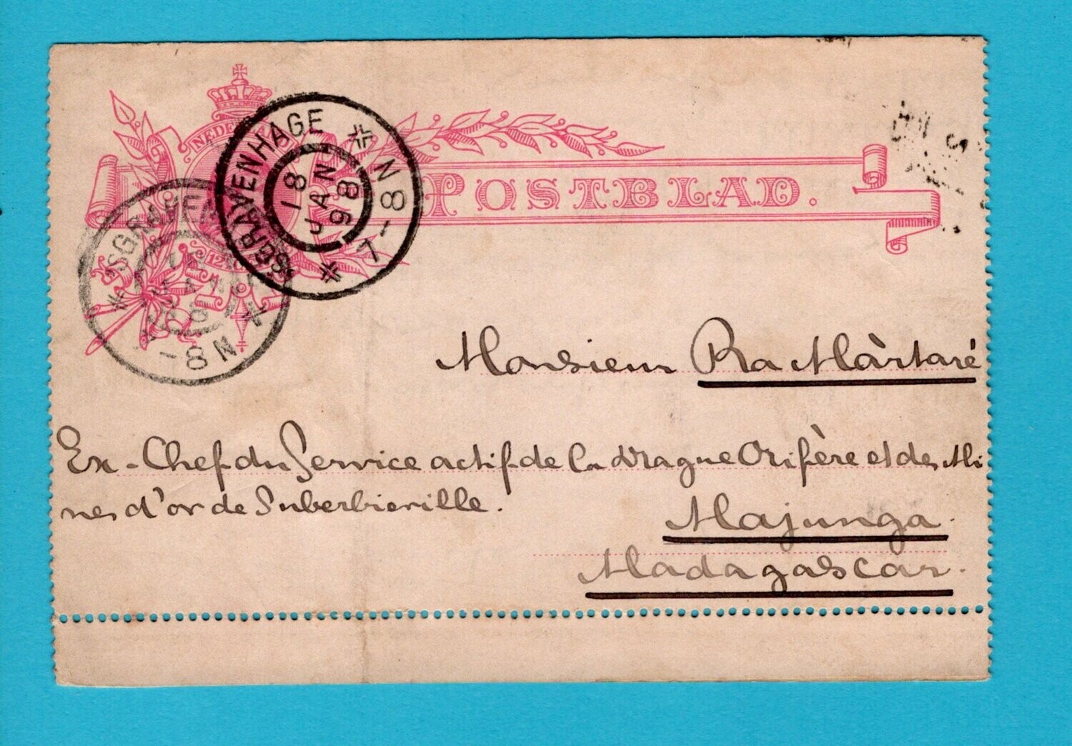 NEDERLAND postblad 1898 's Gravenhage naar Madagascar