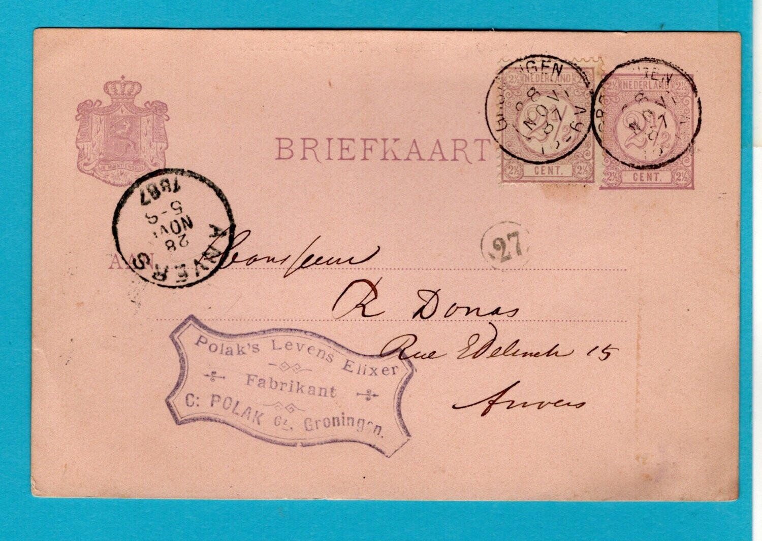 NEDERLAND briefkaart 1887 Polak Levens-Elixer Groningen