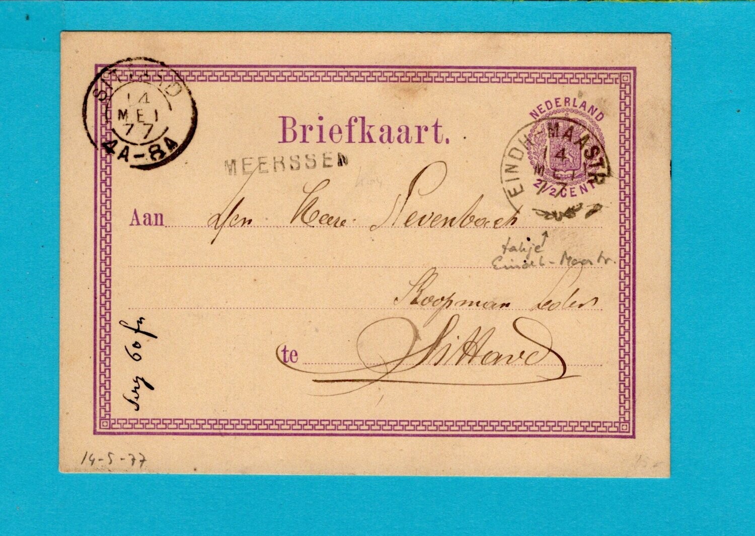 NEDERLAND briefkaart 1877 Meerssen en takje Eindh-Maastr trein