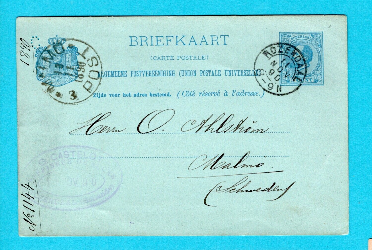 NEDERLAND briefkaart 1890 Rozendaal met perfin 
