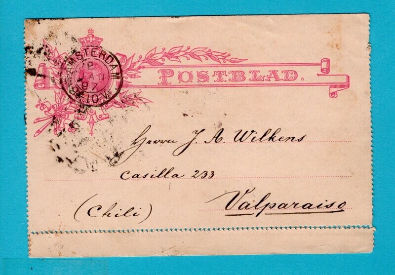 NEDERLAND postblad 1897 Amsterdam naar Chili