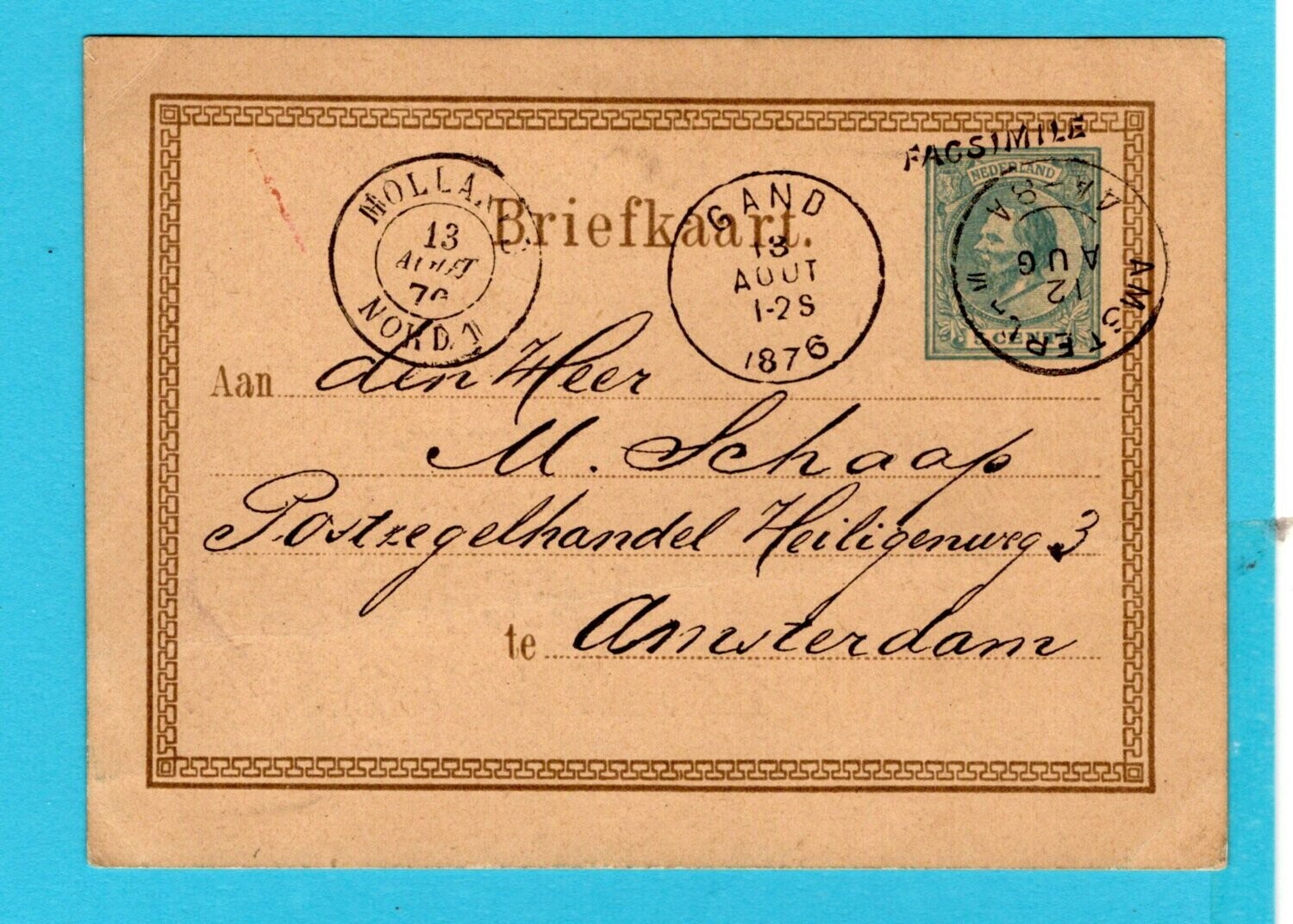 NEDERLAND facsimile briefkaart 1876 M. Schaap postzegelhandel
